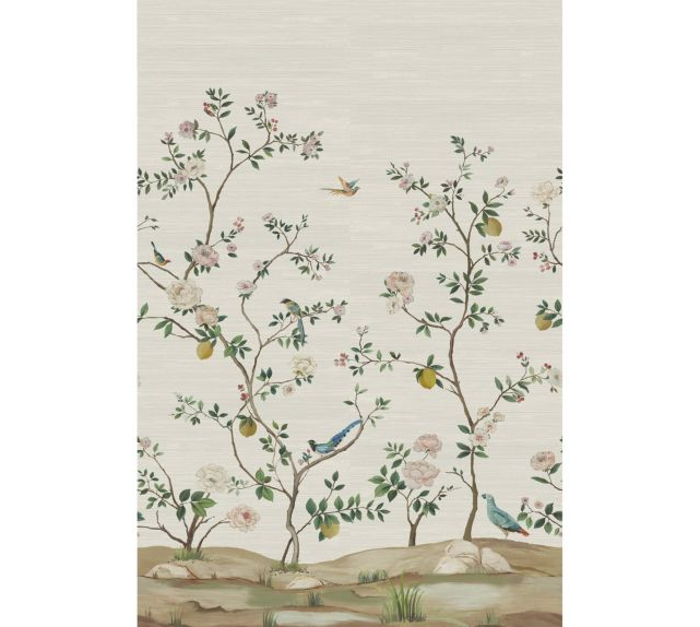 BLOSSOM CHINOISERIE - MURAL - SILVER MIST ON GRASSCLOTH